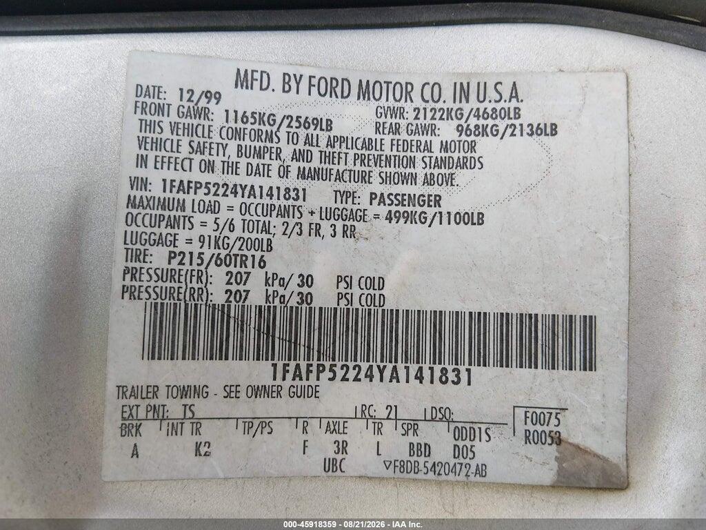 1FAFP5224YA141831 2000 FORD TAURUS photo no. 9