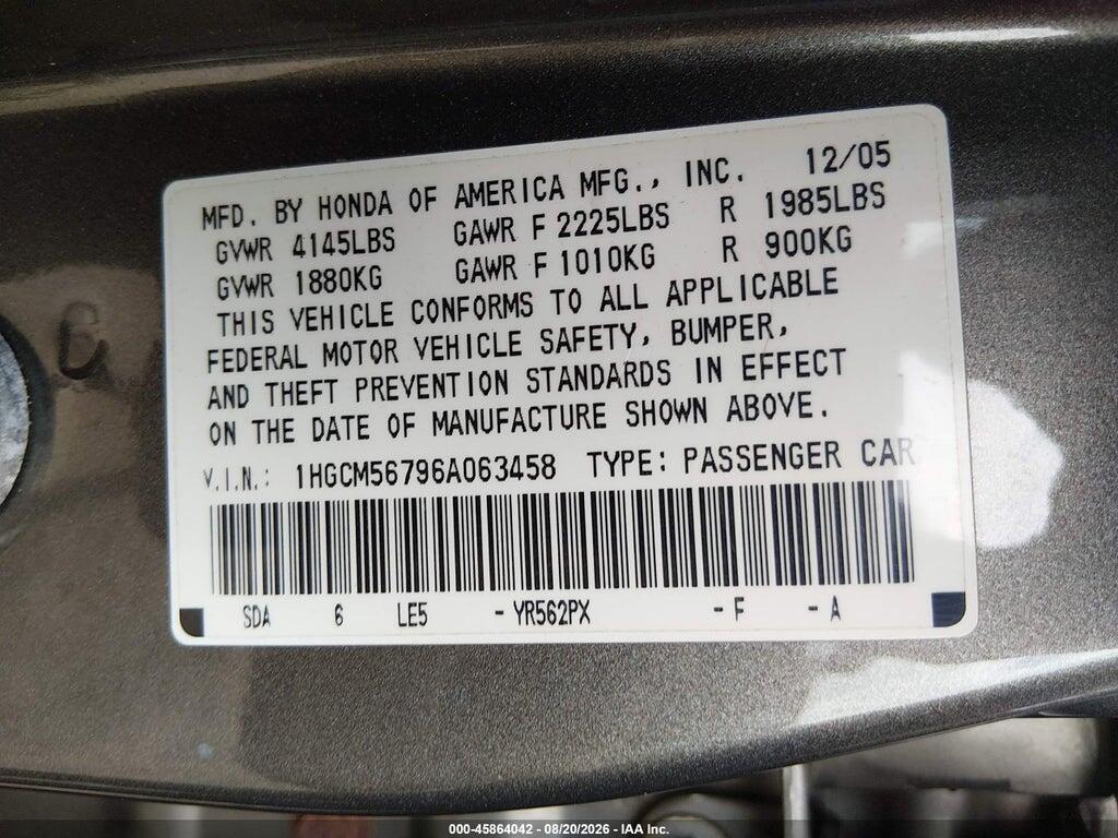1HGCM56796A063458 2006 HONDA ACCORD photo no. 9