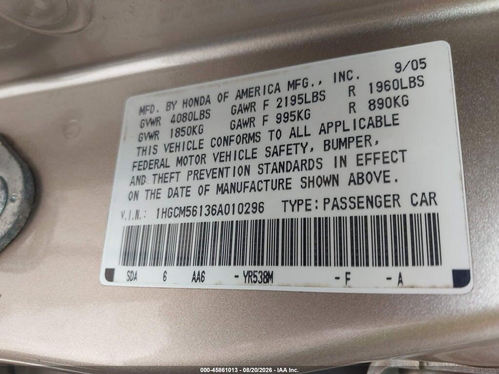 1HGCM56136A010296 2006 HONDA ACCORD photo no. 9