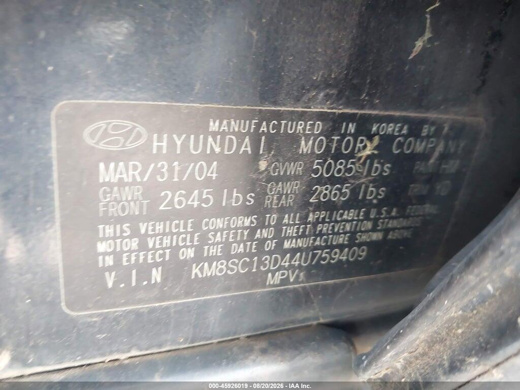 KM8SC13D44U759409 2004 HYUNDAI SANTA FE photo no. 9