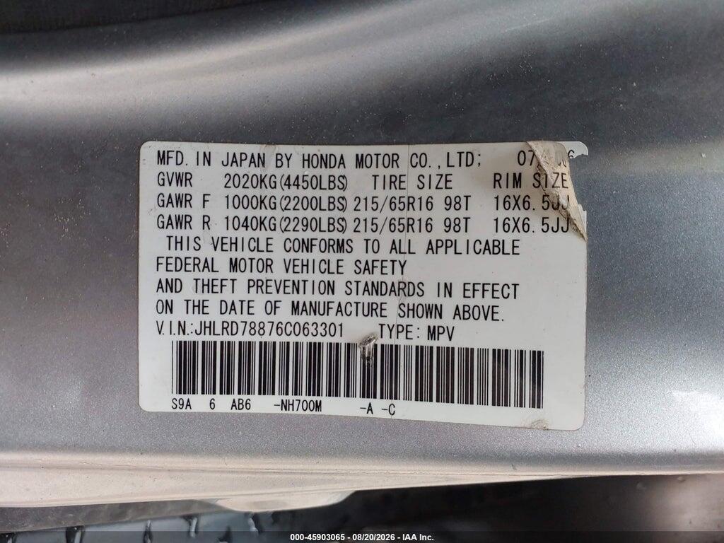 JHLRD78876C063301 2006 HONDA CR-V photo no. 9