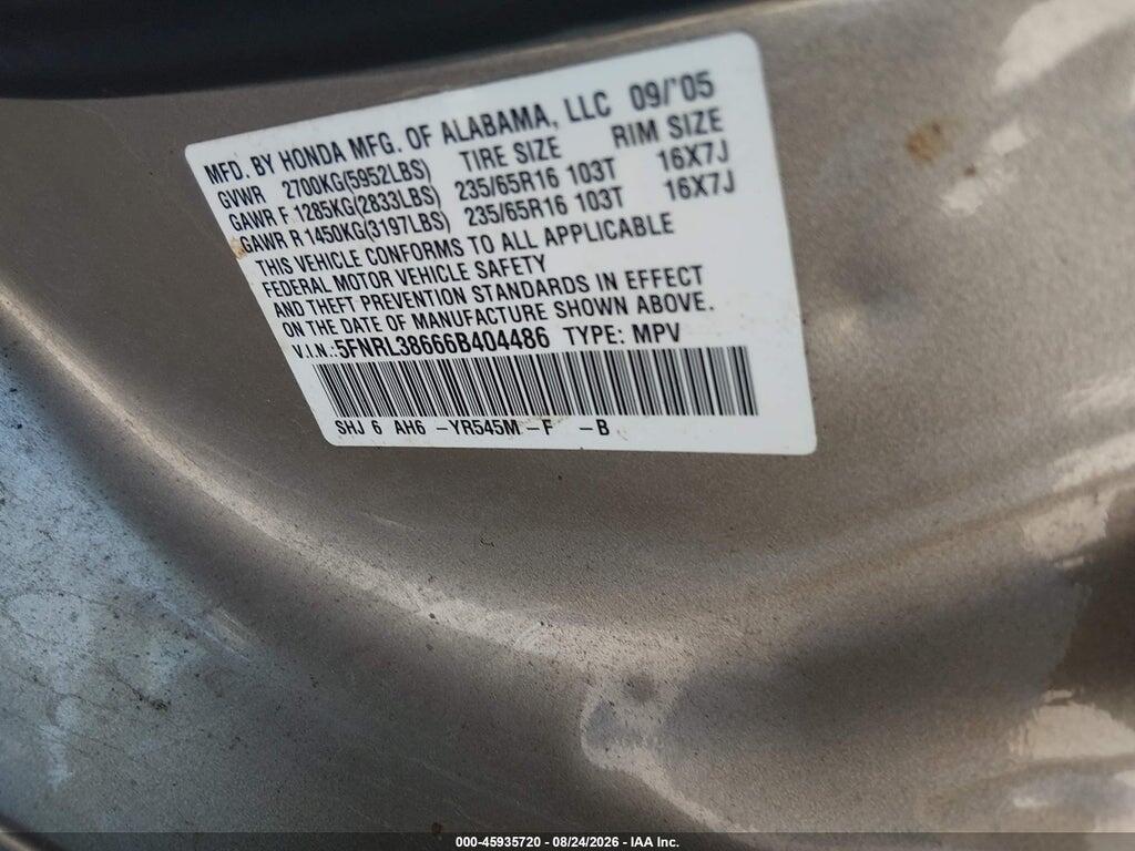 5FNRL38666B404486 2006 HONDA ODYSSEY photo no. 9