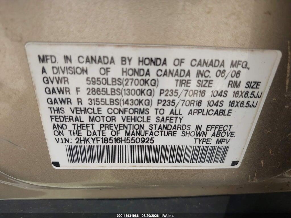 2HKYF18516H550925 2006 HONDA PILOT photo no. 9