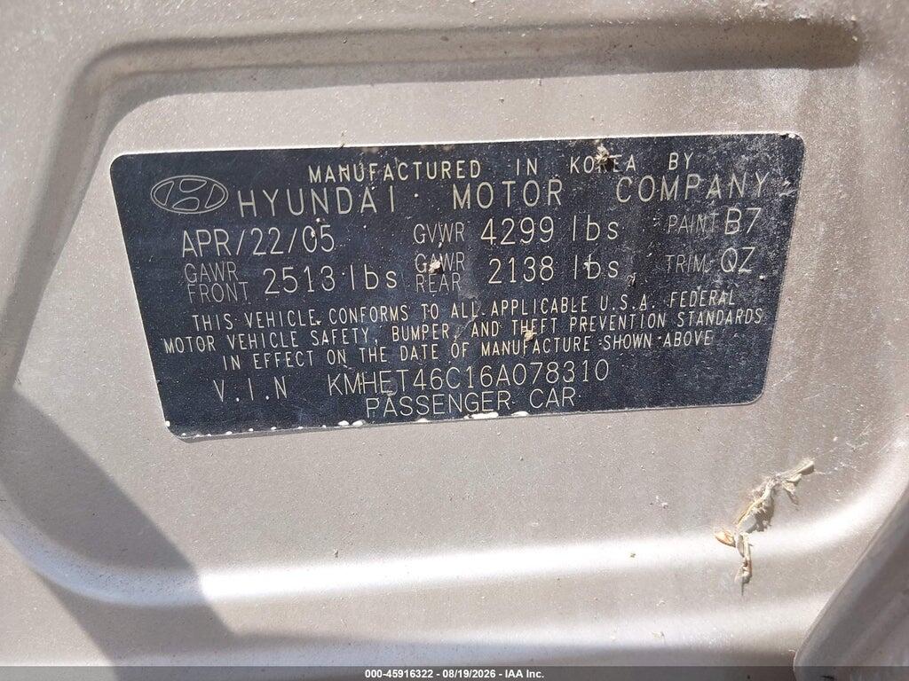 KMHET46C16A078310 2006 HYUNDAI SONATA photo no. 9