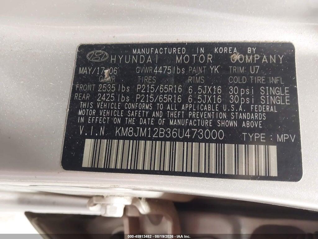 KM8JM12B36U473000 2006 HYUNDAI TUCSON photo no. 9