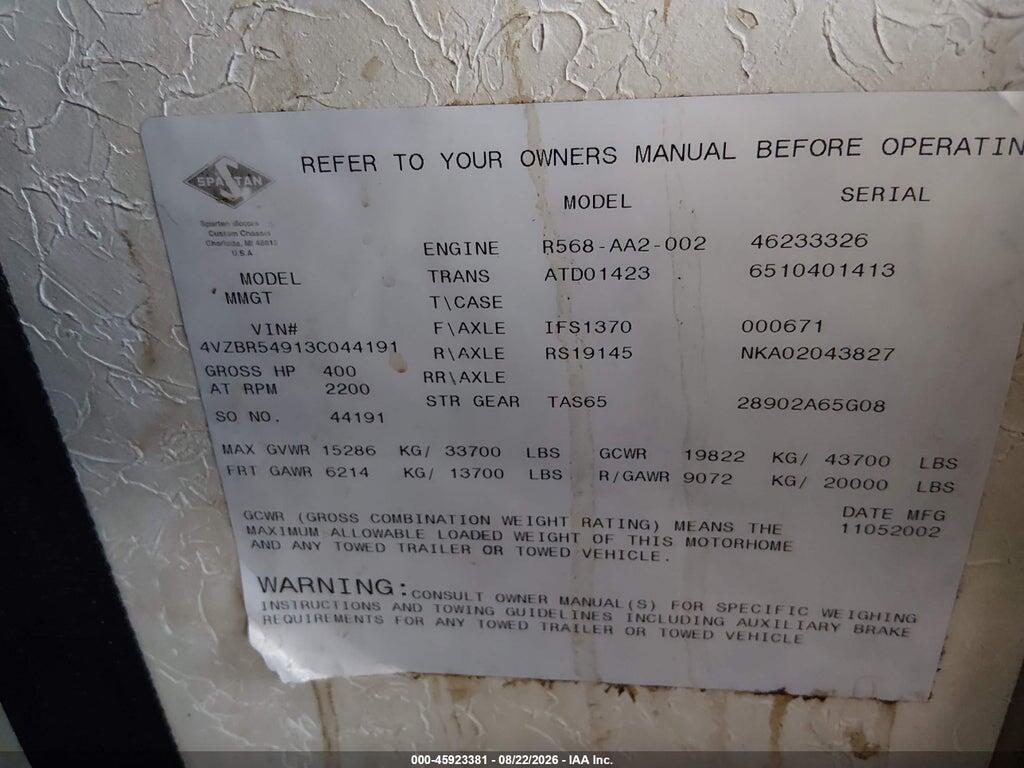 4VZBR54913C044191 2003 SPARTAN MOTORS MOTORHOME photo no. 9