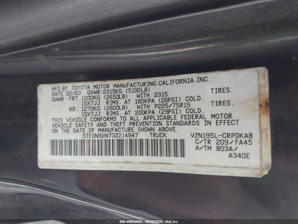 5TESN92N73Z214947 2003 TOYOTA TACOMA photo no. 9