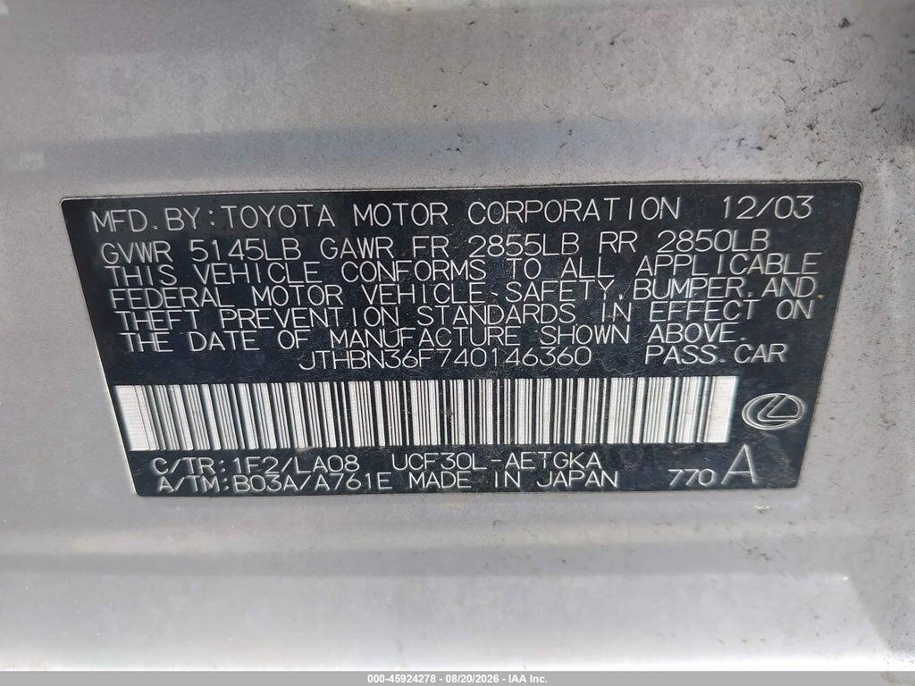 JTHBN36F740146360 2004 LEXUS LS 430 photo no. 9