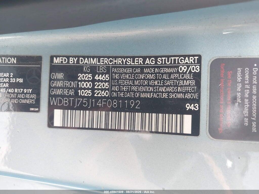 WDBTJ75J14F081192 2004 MERCEDES-BENZ CLK 500 photo no. 9