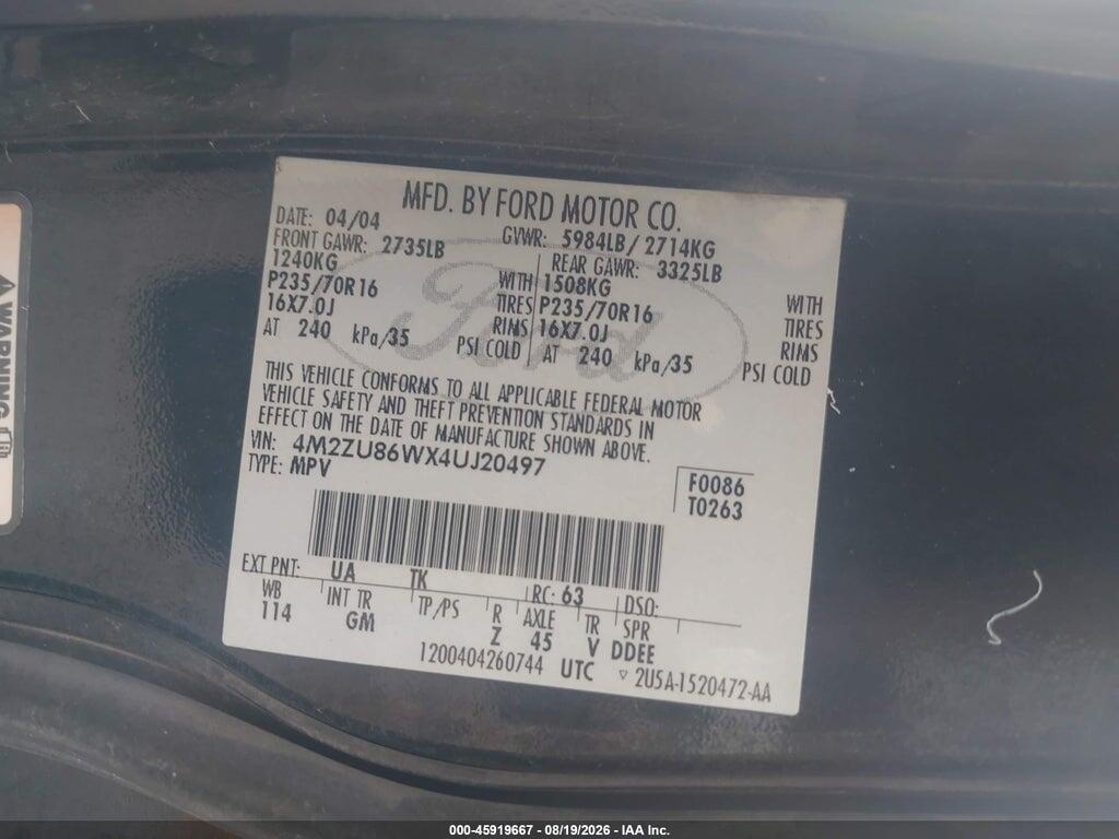 4M2ZU86WX4UJ20497 2004 MERCURY MOUNTAINEER photo no. 9