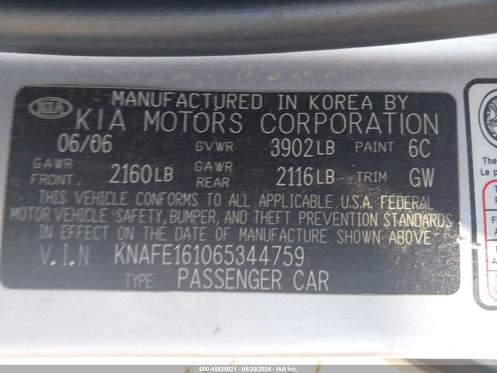 KNAFE161065344759 2006 KIA SPECTRA5 photo no. 9
