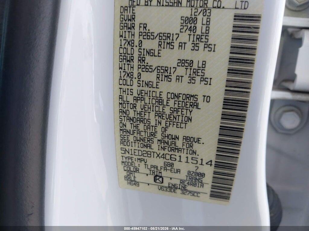 5N1ED28TX4C611514 2004 NISSAN XTERRA photo no. 9
