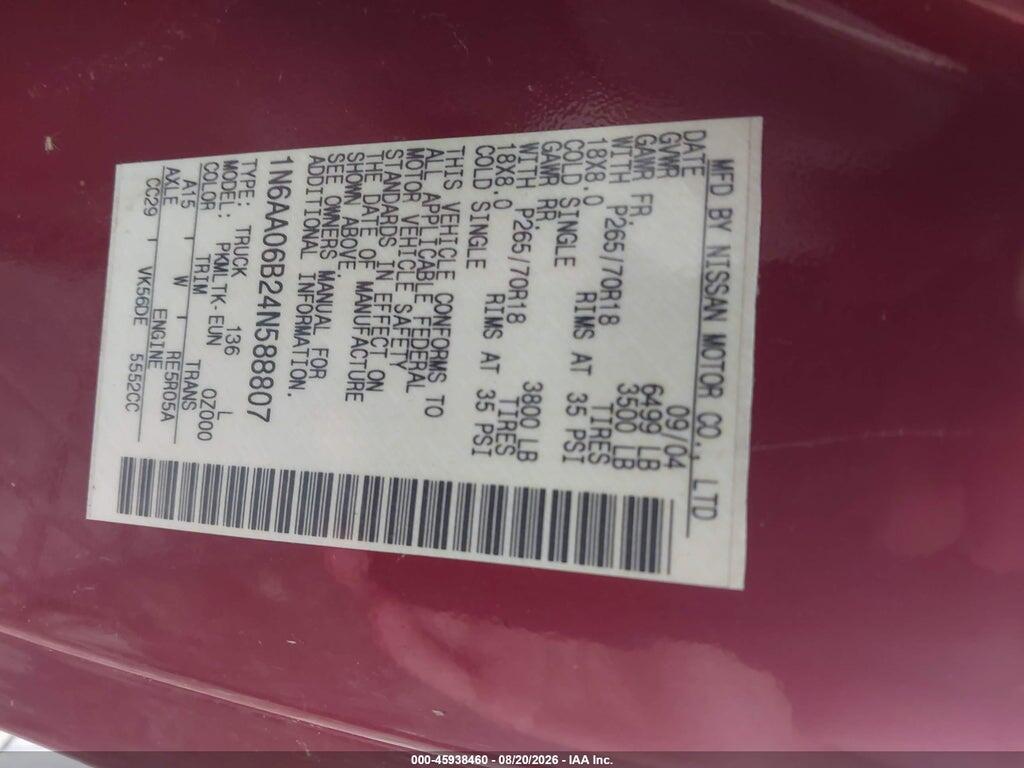 1N6AA06B24N588807 2004 NISSAN TITAN photo no. 9