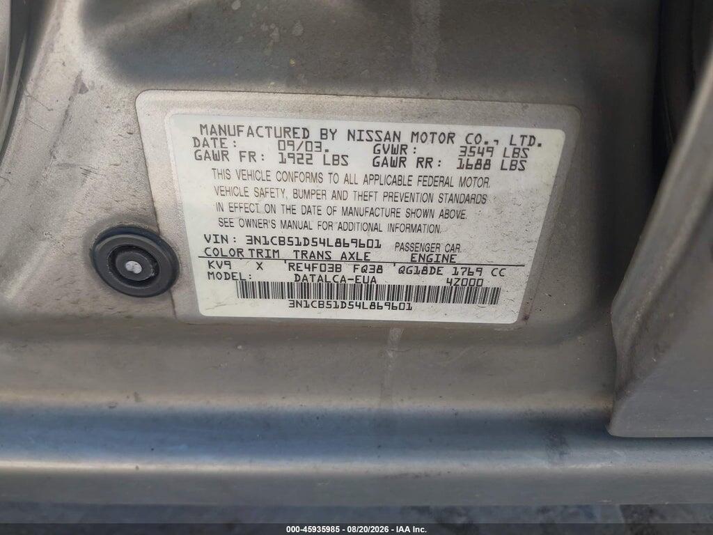 3N1CB51D54L869601 2004 NISSAN SENTRA photo no. 9