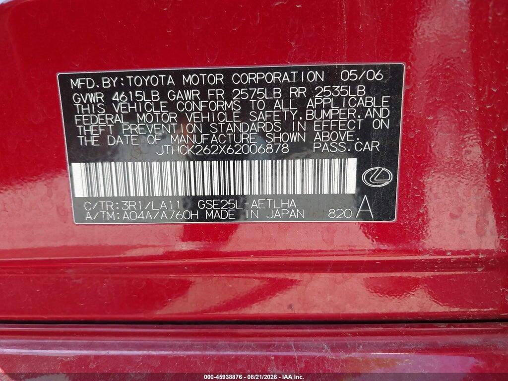 JTHCK262X62006878 2006 LEXUS IS 250 photo no. 9