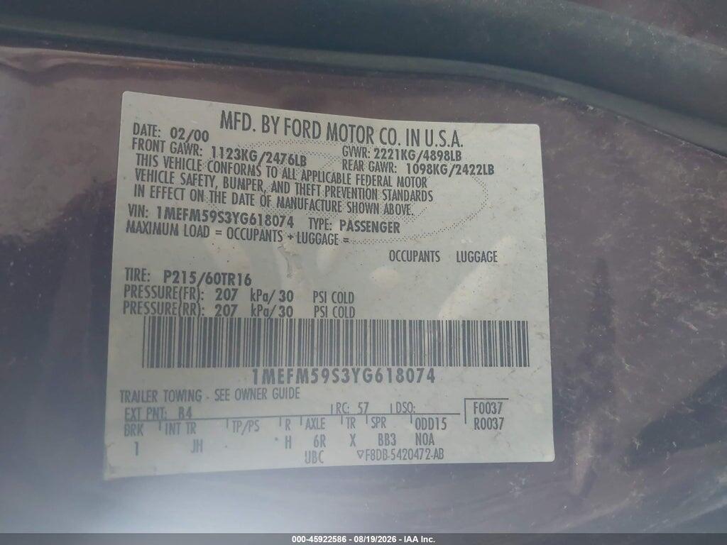 1MEFM59S3YG618074 2000 MERCURY SABLE photo no. 9