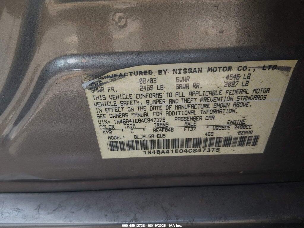 1N4BA41E04C847375 2004 NISSAN MAXIMA photo no. 9