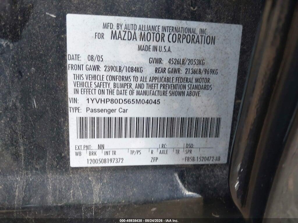 1YVHP80D565M04045 2006 MAZDA MAZDA6 photo no. 9