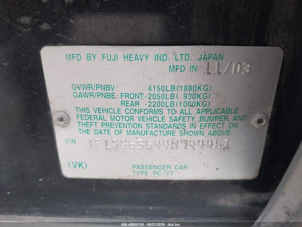 JF1SG65644H744461 2004 SUBARU FORESTER photo no. 9
