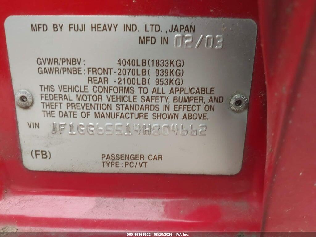 JF1GG65514H804662 2004 SUBARU IMPREZA photo no. 9