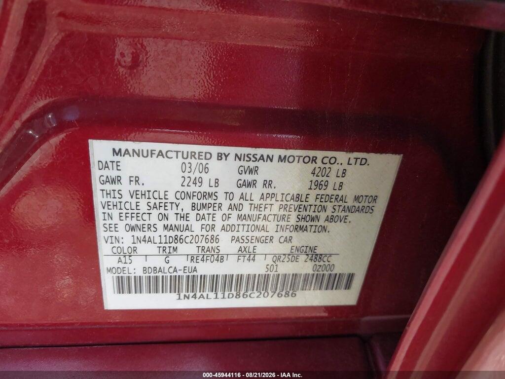 1N4AL11D86C207686 2006 NISSAN ALTIMA photo no. 9