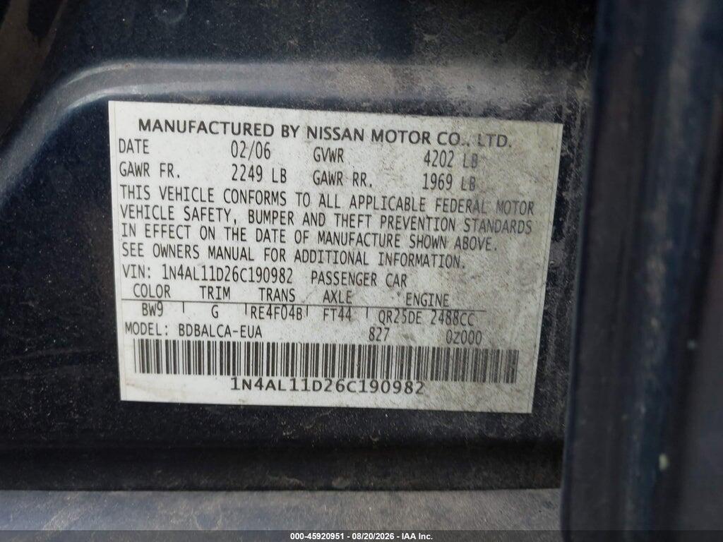 1N4AL11D26C190982 2006 NISSAN ALTIMA photo no. 9