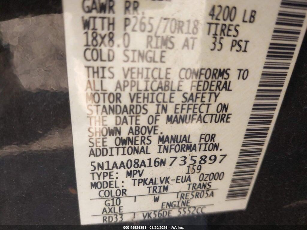 5N1AA08A16N735897 2006 NISSAN ARMADA photo no. 9