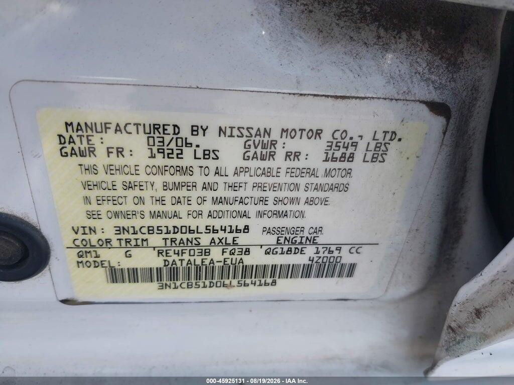 3N1CB51D06L564168 2006 NISSAN SENTRA photo no. 9