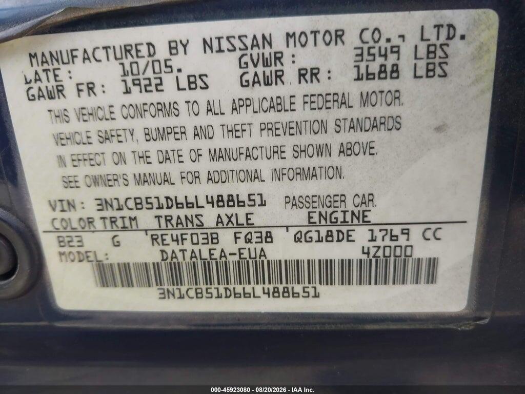 3N1CB51D66L488651 2006 NISSAN SENTRA photo no. 9
