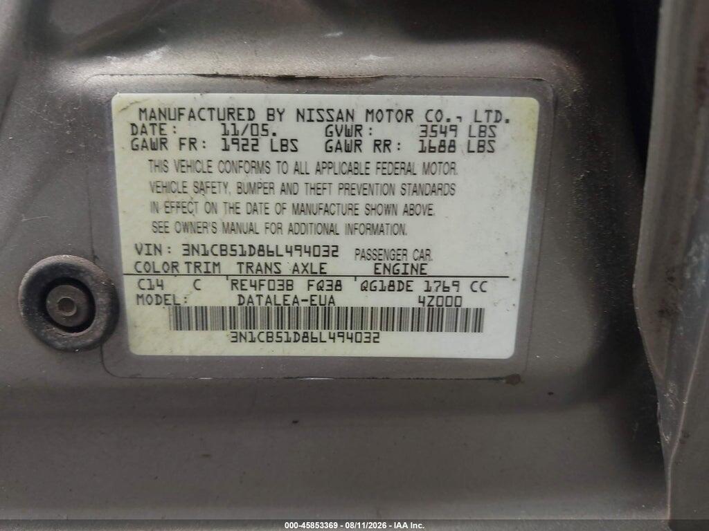 3N1CB51D86L494032 2006 NISSAN SENTRA photo no. 9