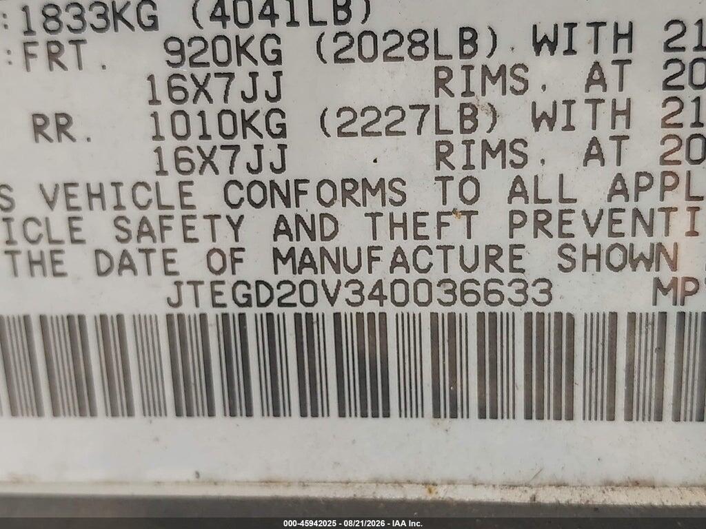 JTEGD20V340036633 2004 TOYOTA RAV4 photo no. 9