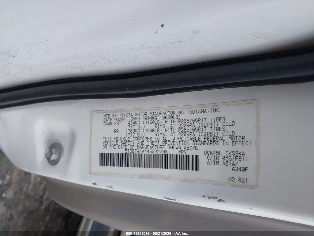 5TDBT44A44S222098 2004 TOYOTA SEQUOIA photo no. 9