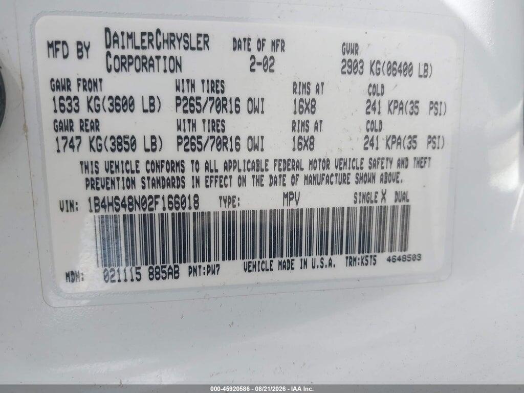 1B4HS48N02F166018 2002 DODGE DURANGO photo no. 9