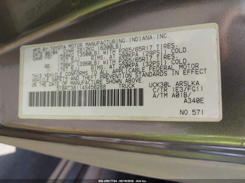 5TBRT38114S456288 2004 TOYOTA TUNDRA photo no. 9