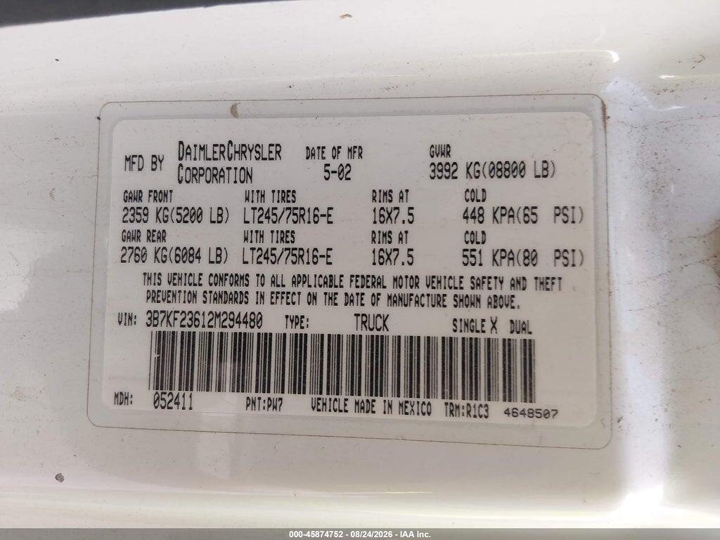 3B7KF23612M294480 2002 DODGE RAM 2500 photo no. 9