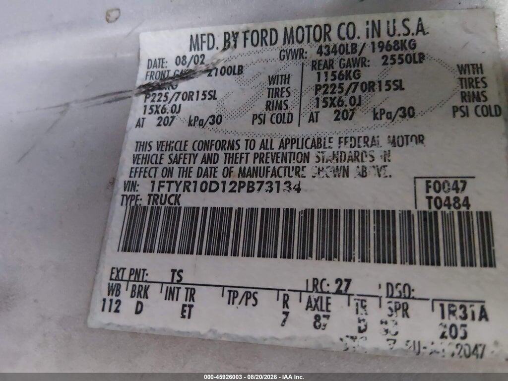 1FTYR10D12PB73134 2002 FORD RANGER photo no. 9