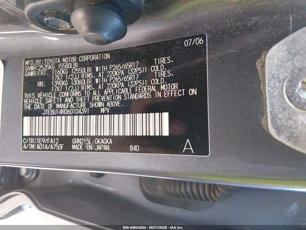 JTEBU14R060104391 2006 TOYOTA 4RUNNER photo no. 9