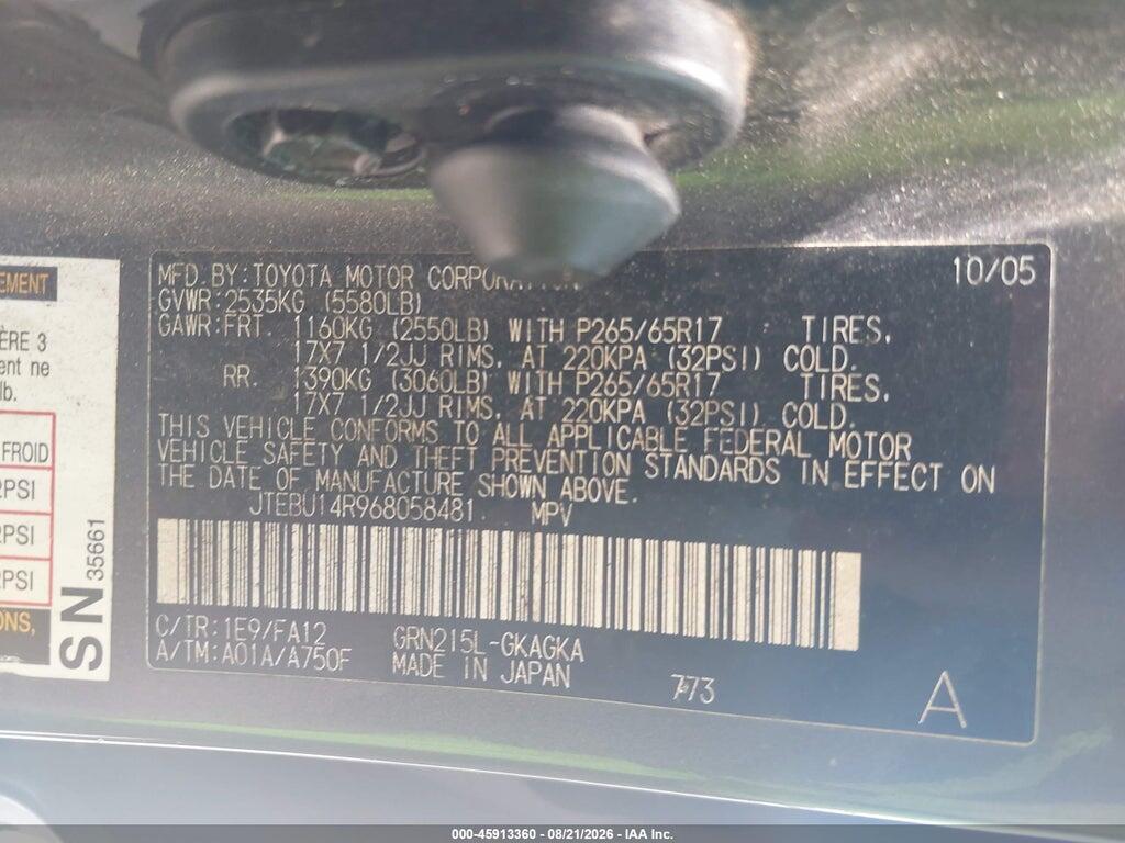 JTEBU14R968058481 2006 TOYOTA 4RUNNER photo no. 9