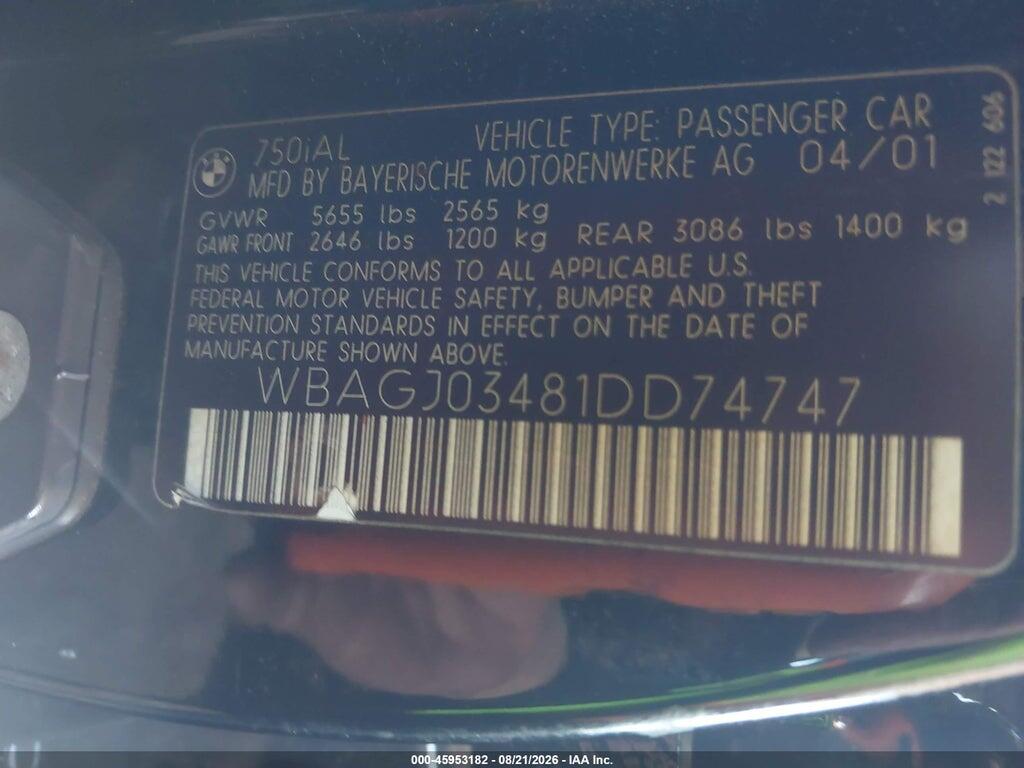 WBAGJ03481DD74747 2001 BMW 750IL photo no. 9