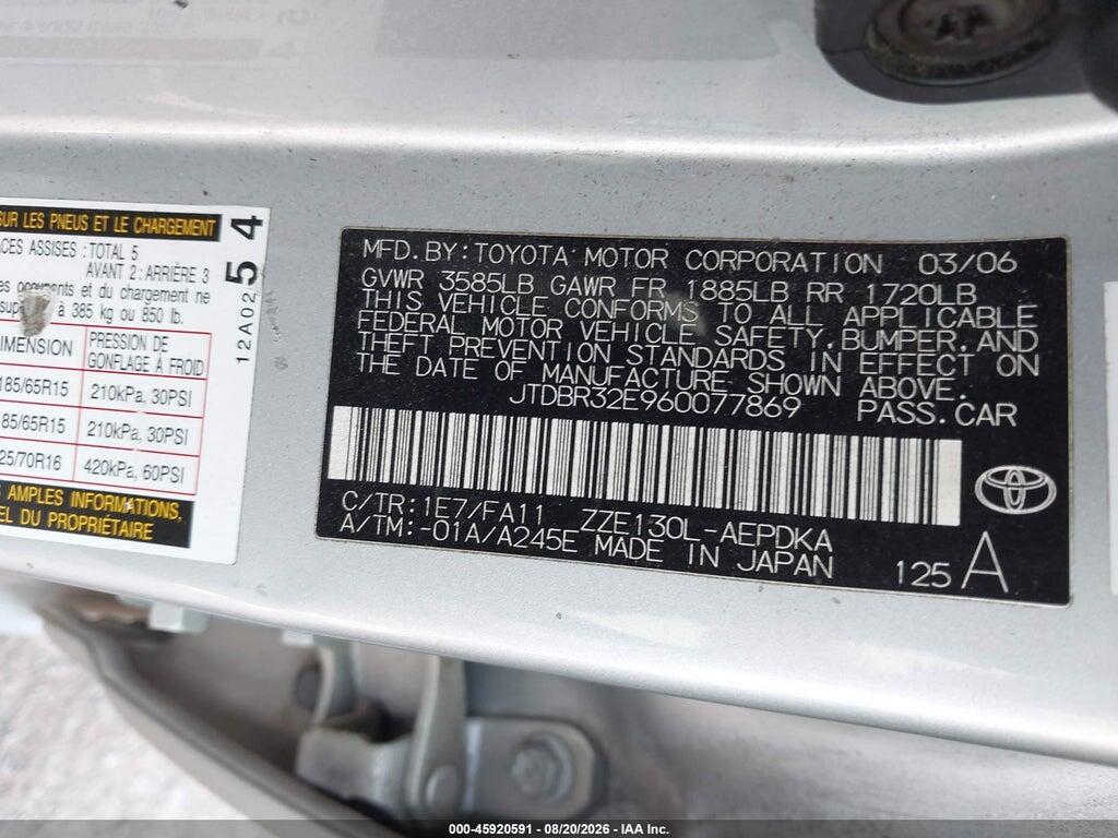 JTDBR32E960077869 2006 TOYOTA COROLLA photo no. 12