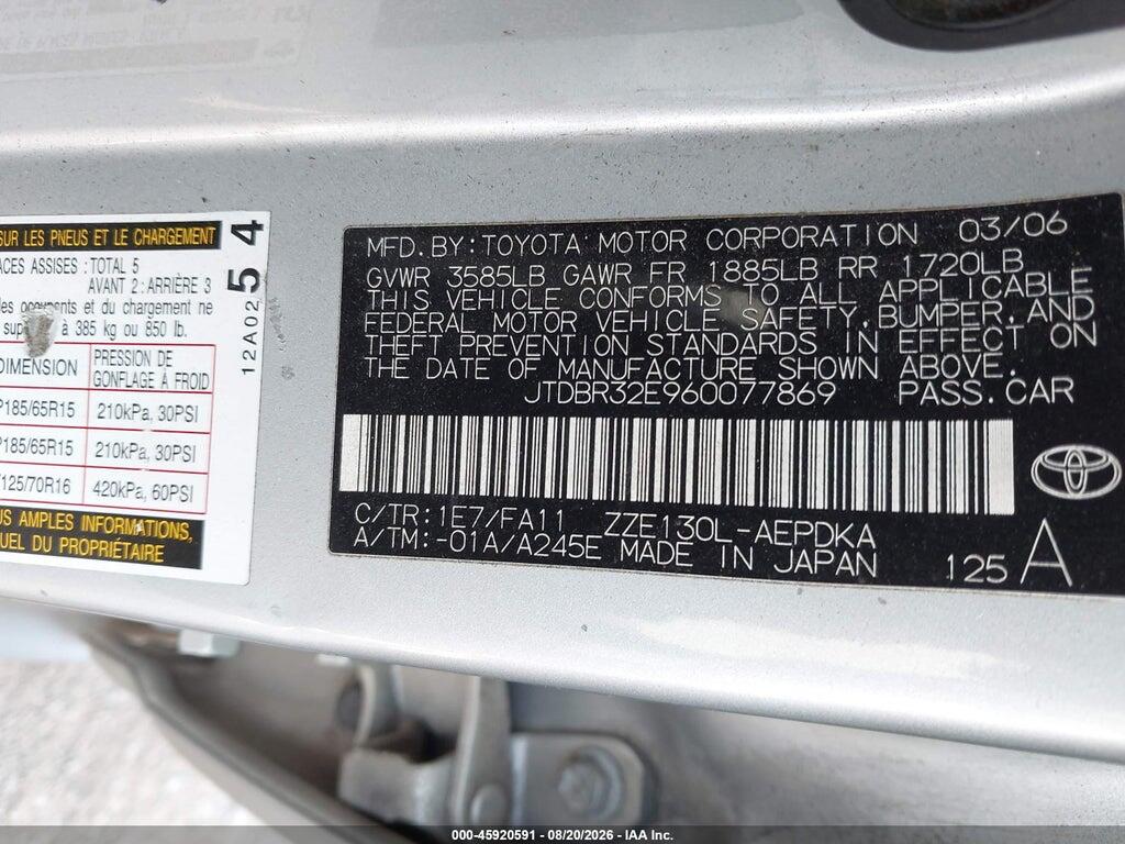 JTDBR32E960077869 2006 TOYOTA COROLLA photo no. 9