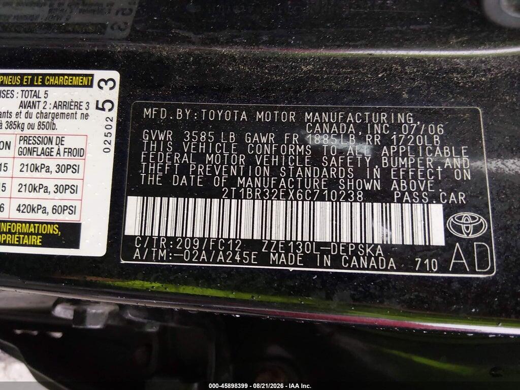 2T1BR32EX6C710238 2006 TOYOTA COROLLA photo no. 9