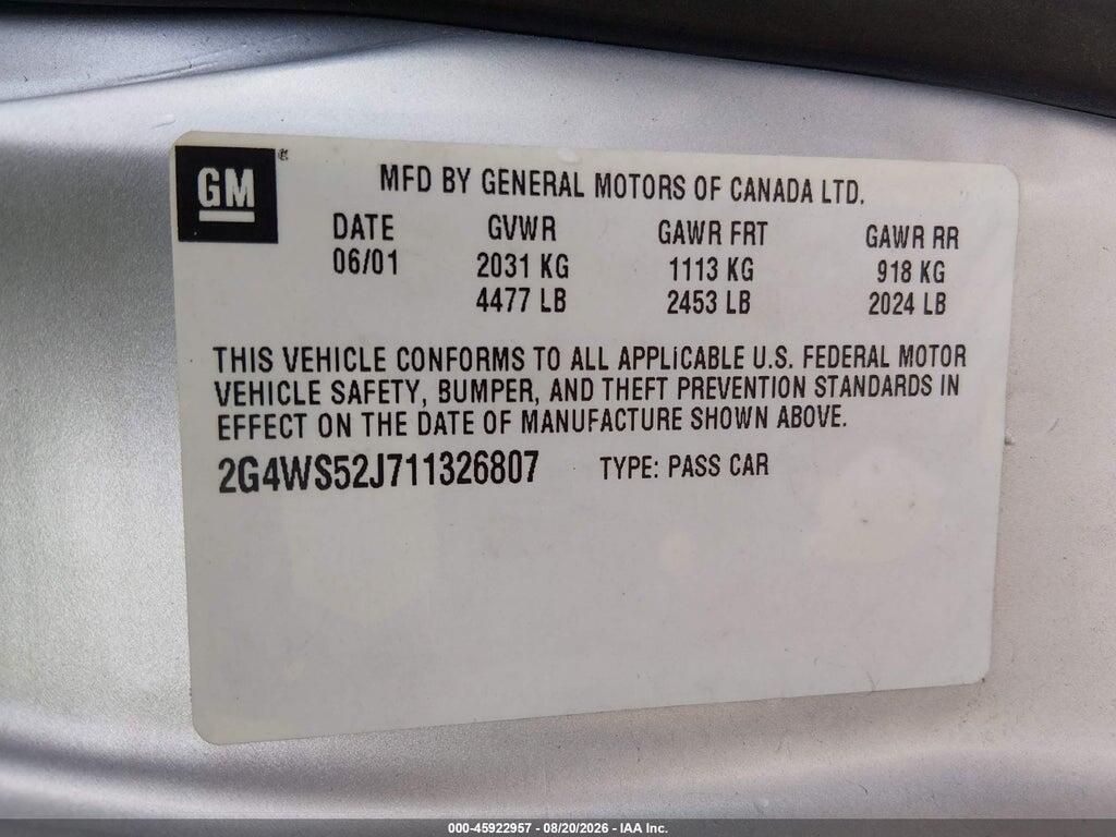 2G4WS52J711326807 2001 BUICK CENTURY photo no. 9