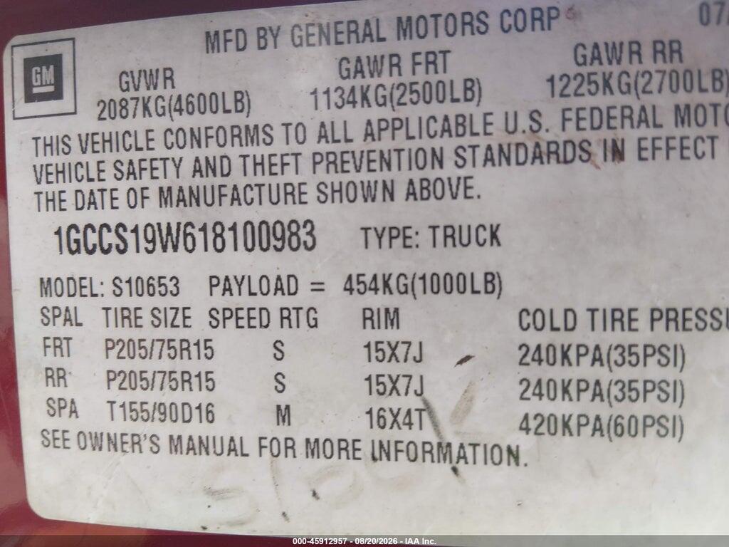 1GCCS19W618100983 2001 CHEVROLET S-10 photo no. 9