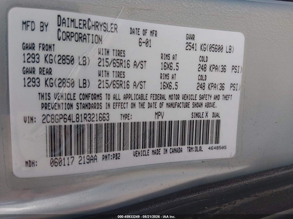 2C8GP64L81R321663 2001 CHRYSLER TOWN & COUNTRY photo no. 9