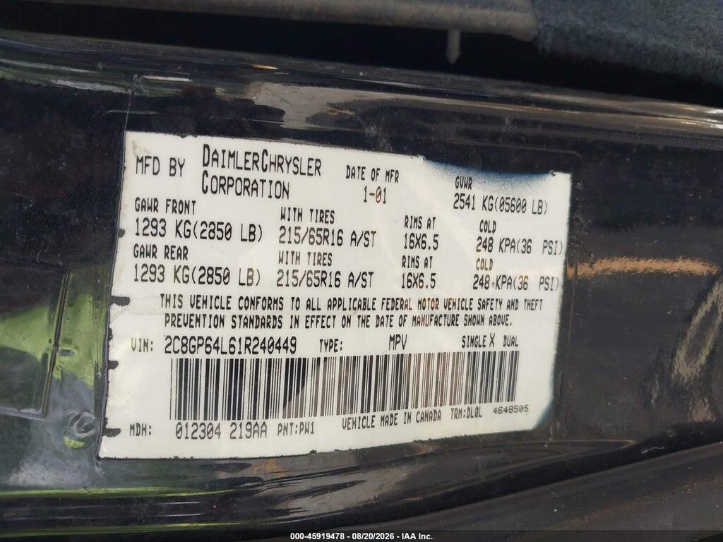 2C8GP64L61R240449 2001 CHRYSLER TOWN & COUNTRY photo no. 9