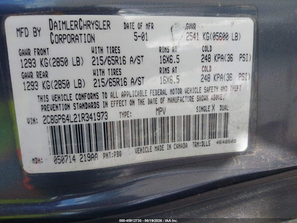 2C8GP64L21R341973 2001 CHRYSLER TOWN & COUNTRY photo no. 9
