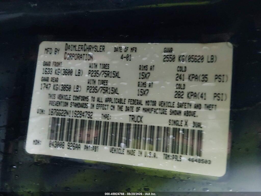 1B7GG22N11S284792 2001 DODGE DAKOTA photo no. 9
