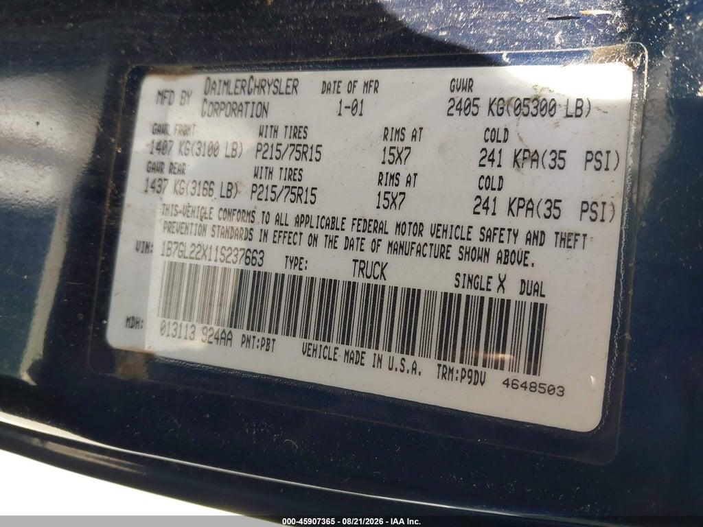 1B7GL22X11S237663 2001 DODGE DAKOTA photo no. 9