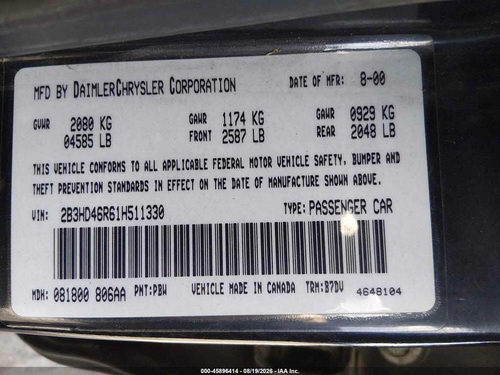 2B3HD46R61H511330 2001 DODGE INTREPID photo no. 9